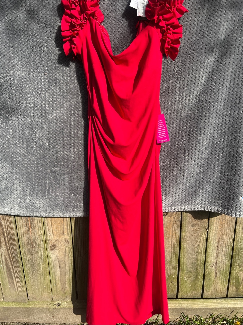 Xscape Red Ruffled-Sleeve Draped Maxi Dress